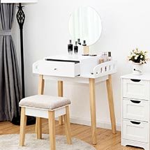 Bàn trang điểm decor màu trắng, gương tròn gỗ đơn giản tinh tế BTD15